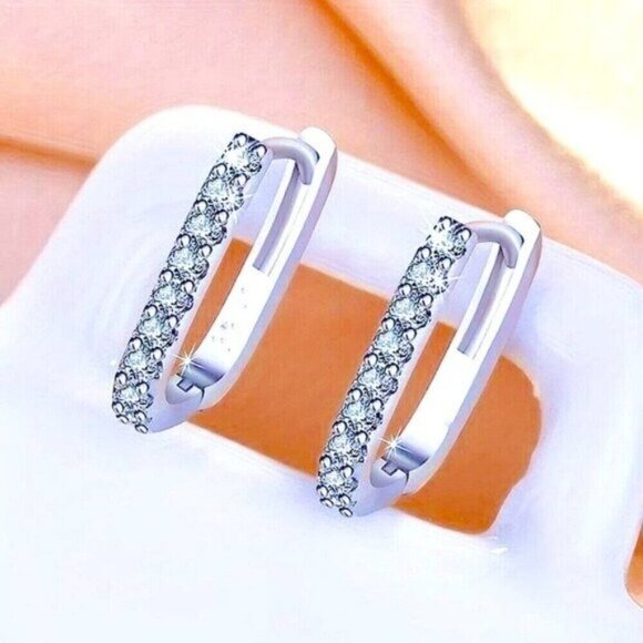 Silver tone Square Hoop Earrings With Sparkling Cubic Zirconia new - Picture 2 of 5